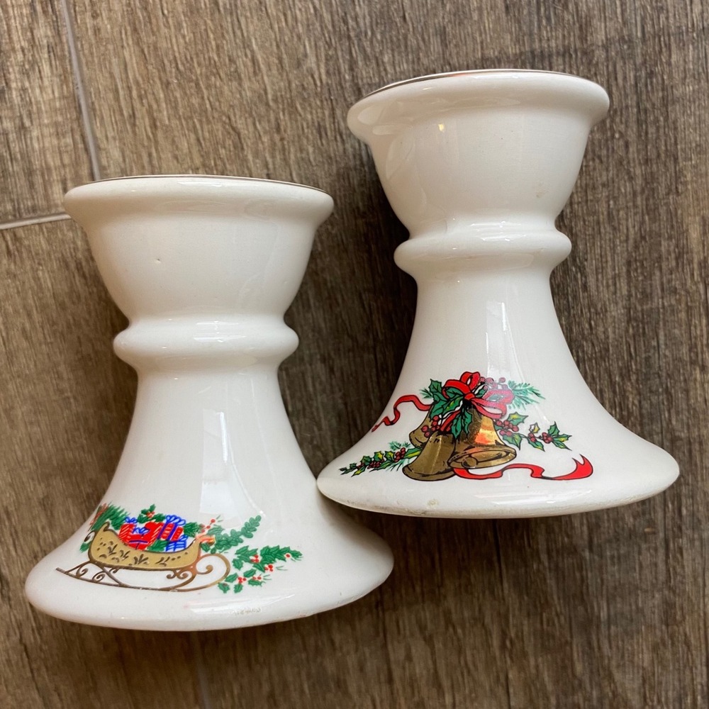 Vintage Christmas Ceramic Candlestick Holders Set Sleigh and Bells White Gold